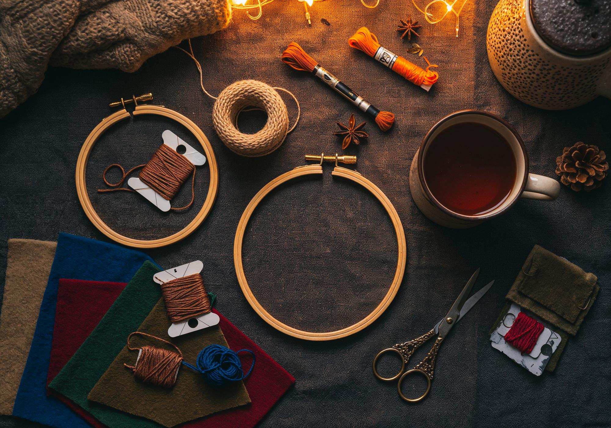 Studio table with threads and embroidery hoop